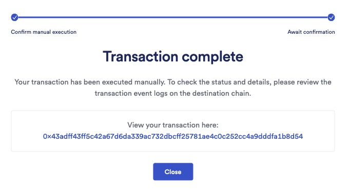 Chainlink CCIP Mumbai - override gas limit - confirmation screen